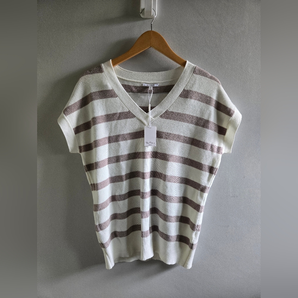 Striped V-Neck Short Sleeve Top - White and Brown